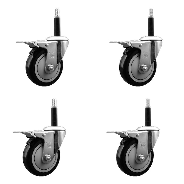4'' Black Poly Swivel 3/4'' Expanding Stem Caster Set Total Lock Brake, 4PK